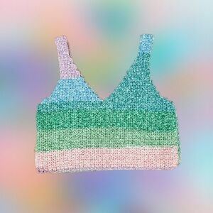 handmade crochet crop top - rainbow stripe knit tank with purple, green blue euc